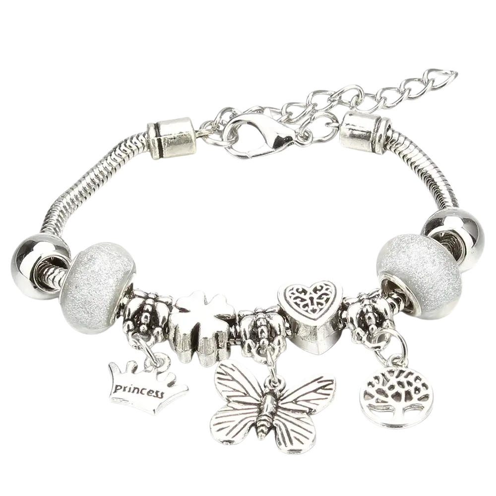 Silver-toned charm bracelet with snake chain and assorted charms including crown engraved with princess for women