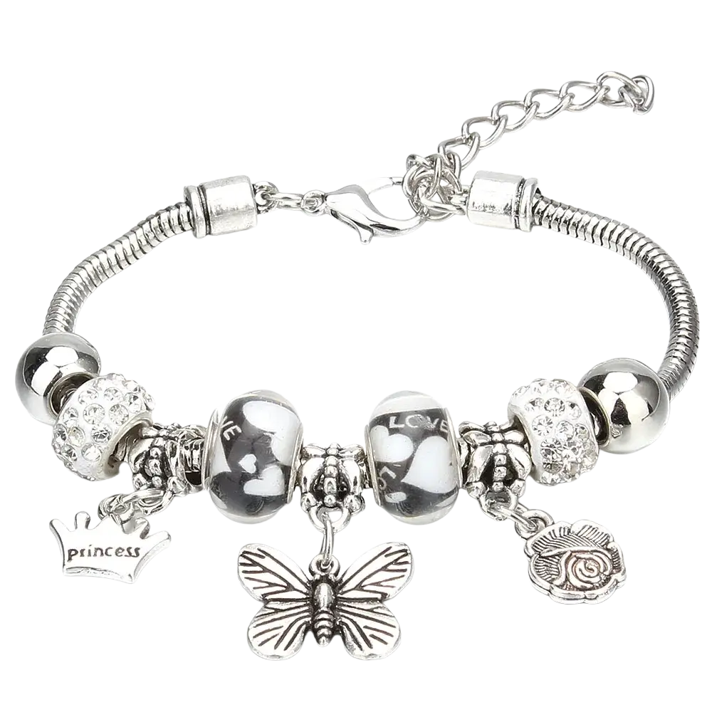 Silver-toned charm bracelet with a flexible snake chain featuring crystal and engraved heart love beads for women