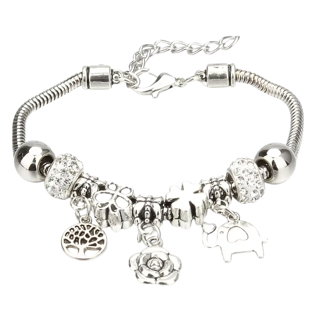 Silver-toned charm bracelet with flexible snake chain featuring elephant rose tree of life and crystal-encrusted beads beaded bracelet