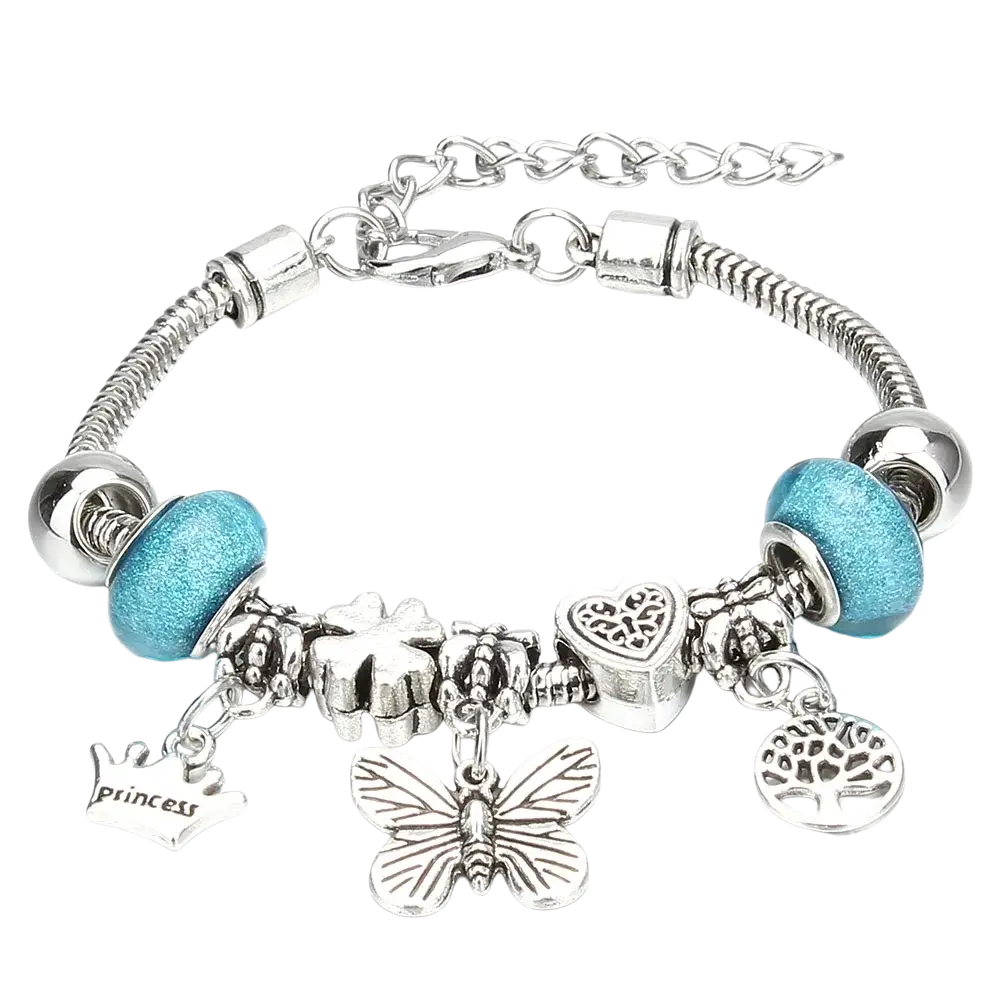 Silver-toned charm bracelet with turquoise glass beads featuring butterfly heart crown and tree of life charms for women