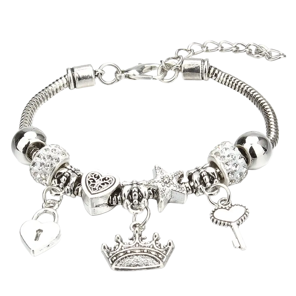Silver-toned charm bracelet with snake chain design featuring crown starfish heart lock and key-shaped charms for women beaded bracelet