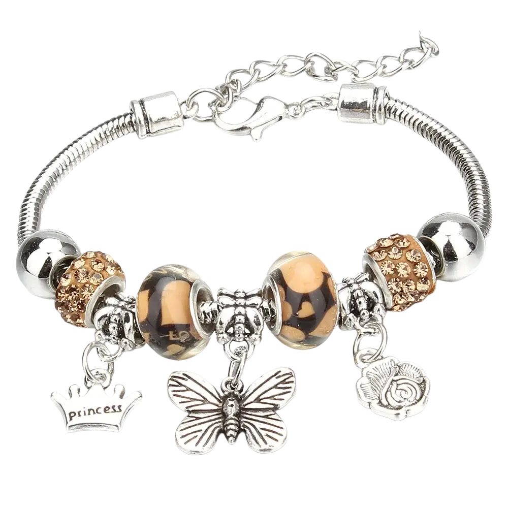 Silver-toned charm bracelet with assorted beads and dangling butterfly rose and crown charms for women