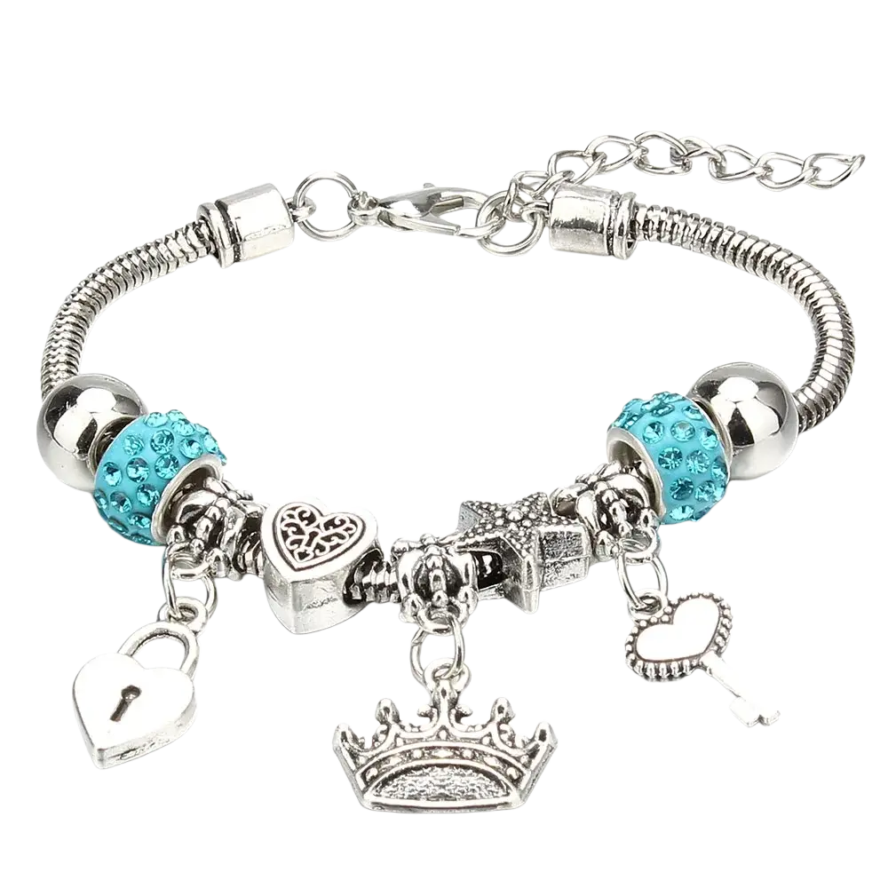 Charm bracelet for women featuring silver-toned snake chain with turquoise crystal beads and heart lock crown key charms