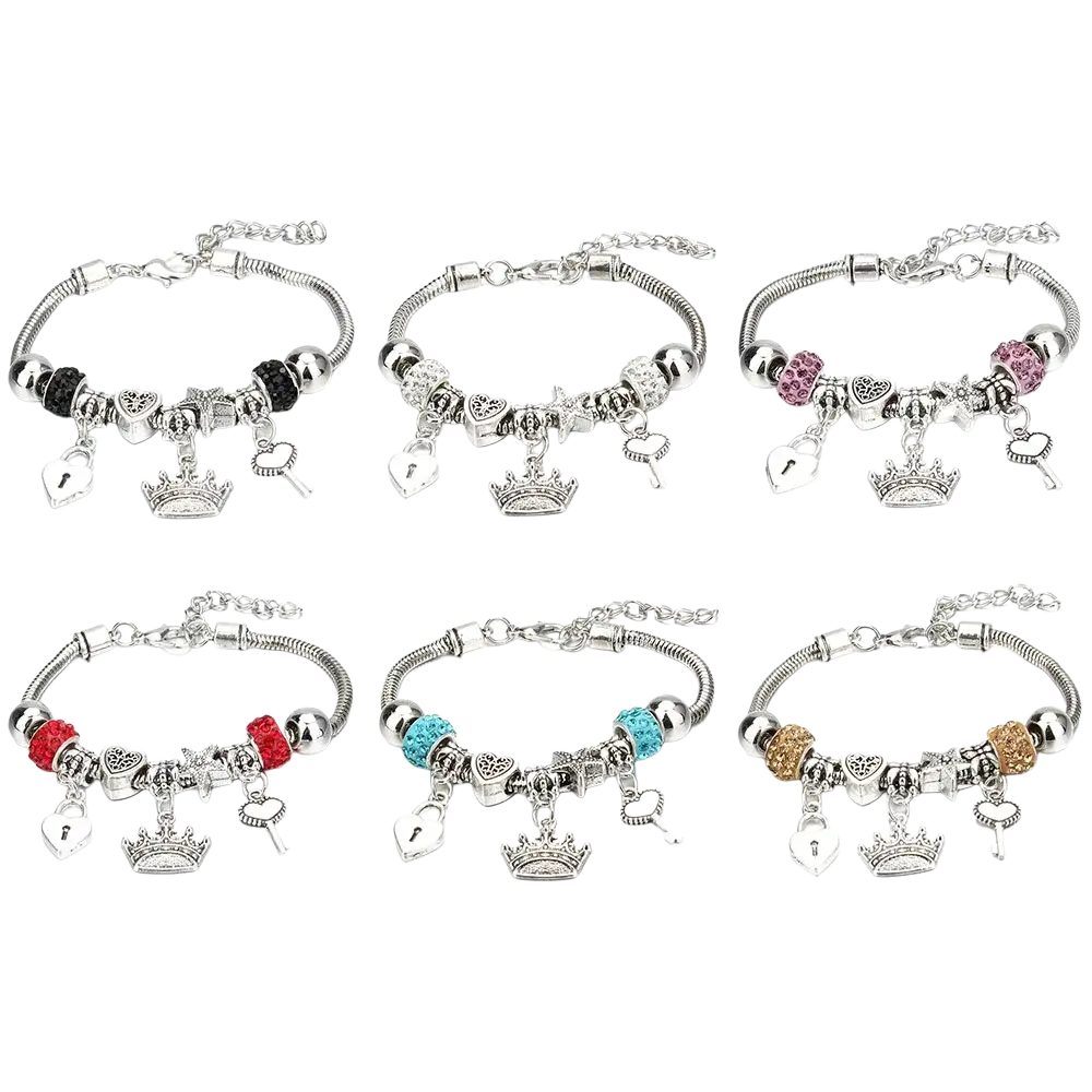 Six silver-toned charm bracelets featuring snake chain design with colorful beads and crown lock and key charms for women