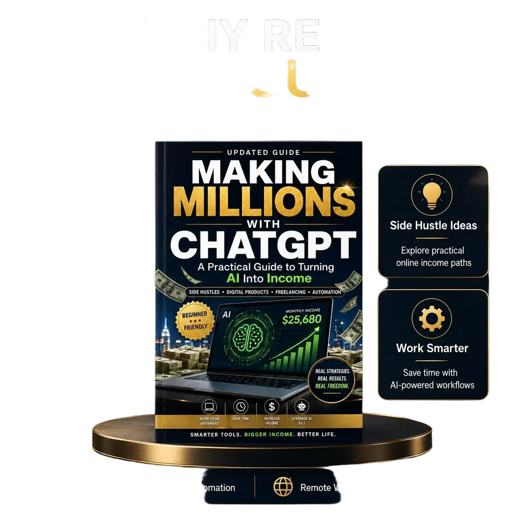 Black and gold book titled making millions with chatgpt featuring a laptop graphic for ai monetization guide
