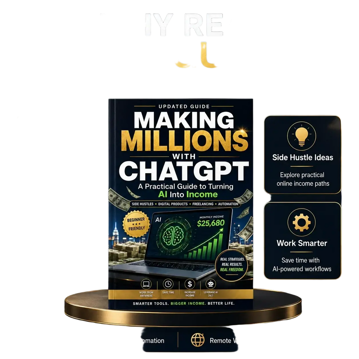 Black and gold book titled making millions with chatgpt featuring a laptop graphic for ai monetization guide