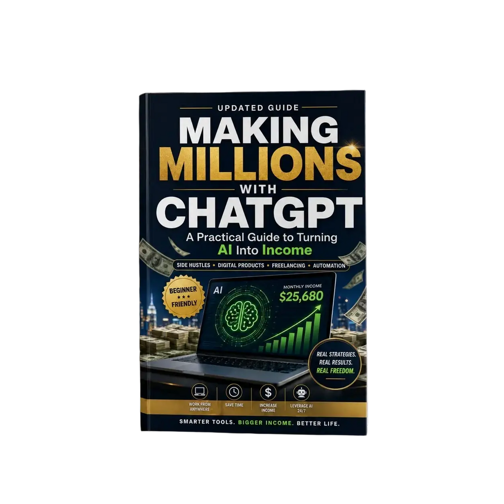 Black and gold hardcover book making millions with chatgpt featuring laptop graphic for ai monetization guide