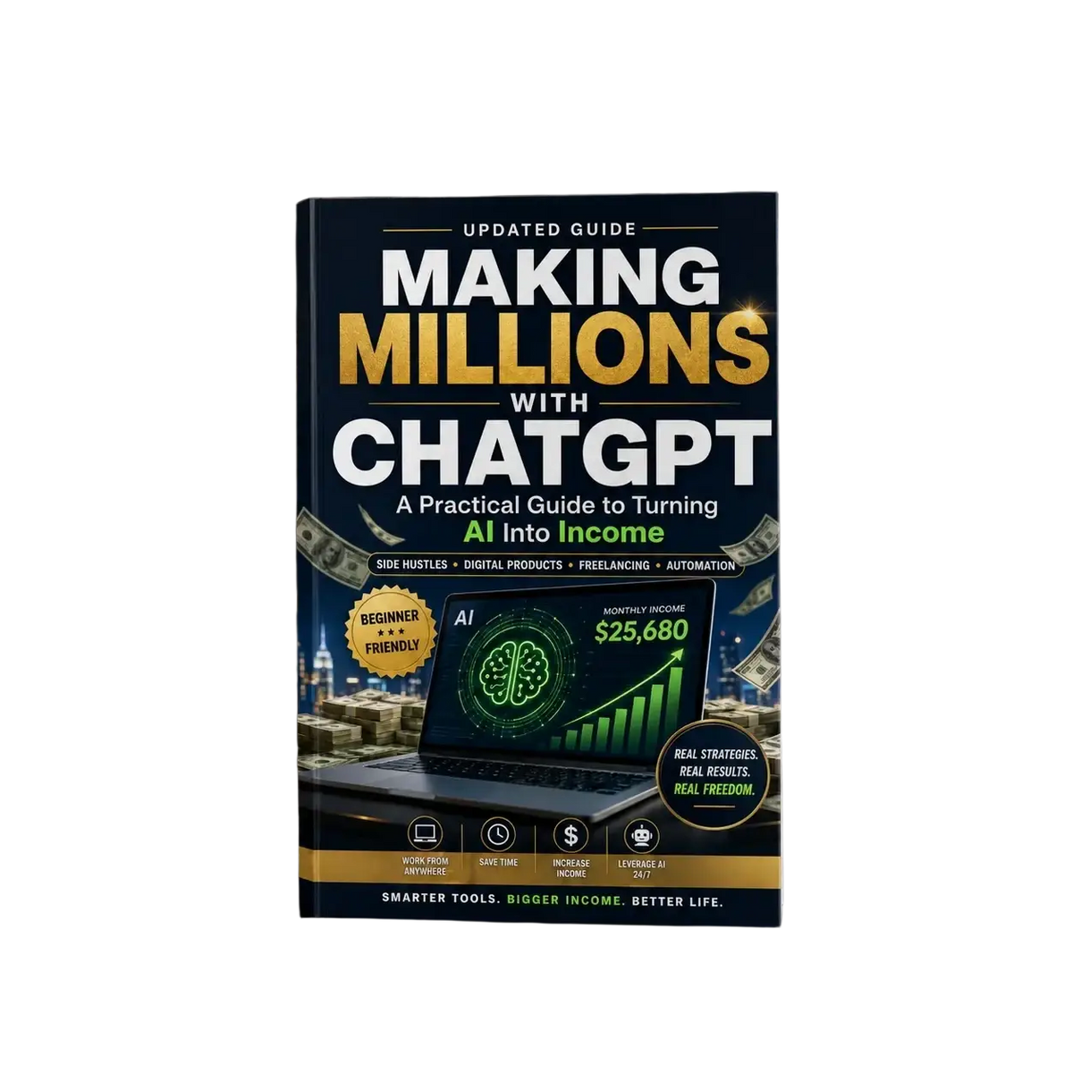 Black and gold hardcover book making millions with chatgpt featuring laptop graphic for ai monetization guide