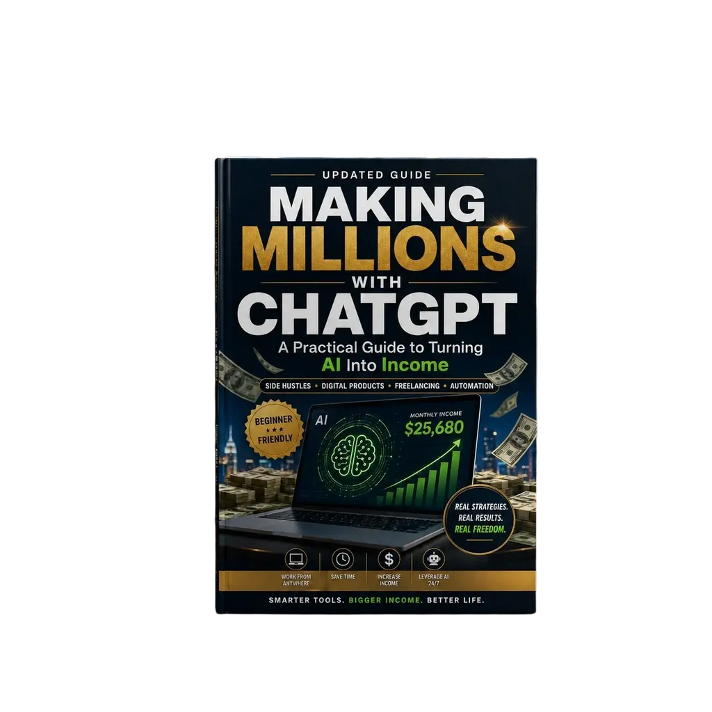 Black hardcover book making millions with chatgpt featuring gold white text laptop ai graphics money and graphs on cover