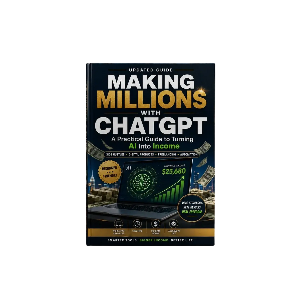 Black hardcover book making millions with chatgpt featuring gold white text laptop ai graphics money and graphs on cover