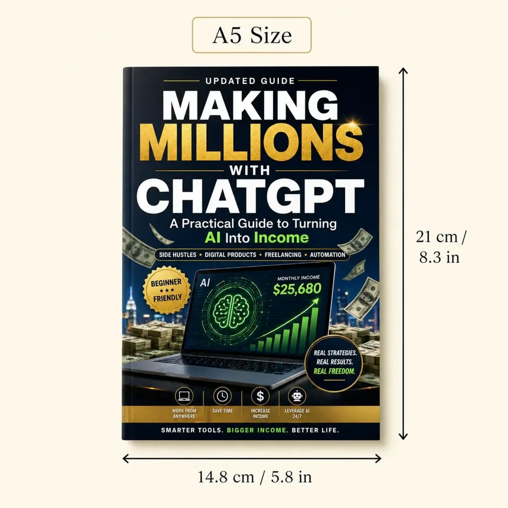 A5-sized dark navy book titled making millions with chatgpt featuring gold and white text and ai laptop illustration with dollar bills