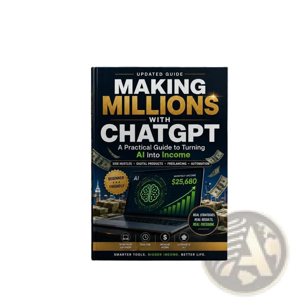 Black hardcover book making millions with chatgpt featuring gold white text laptop ai graphics money and graphs on cover