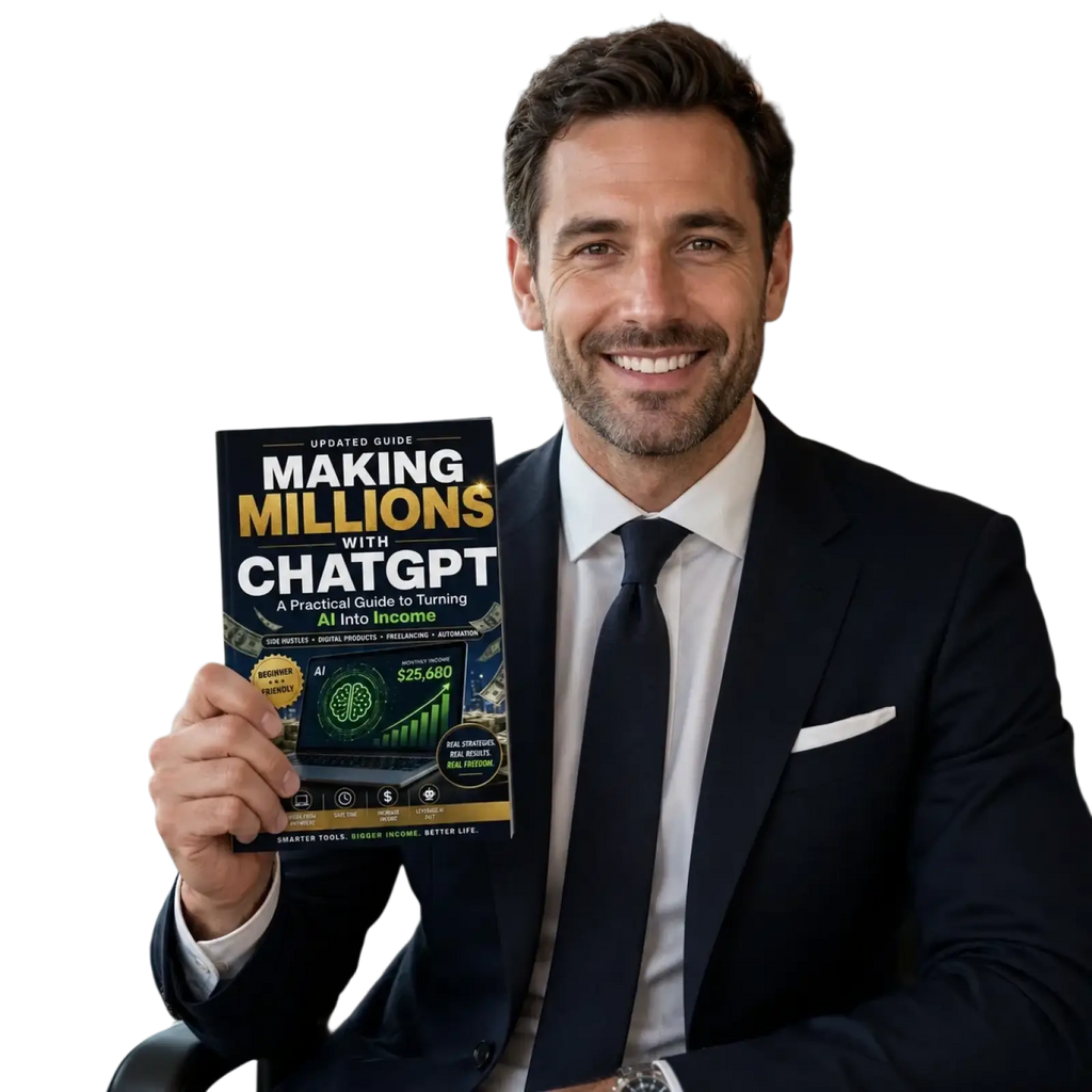Black and gold book titled making millions with chatgpt featuring a green brain for ai monetization guide