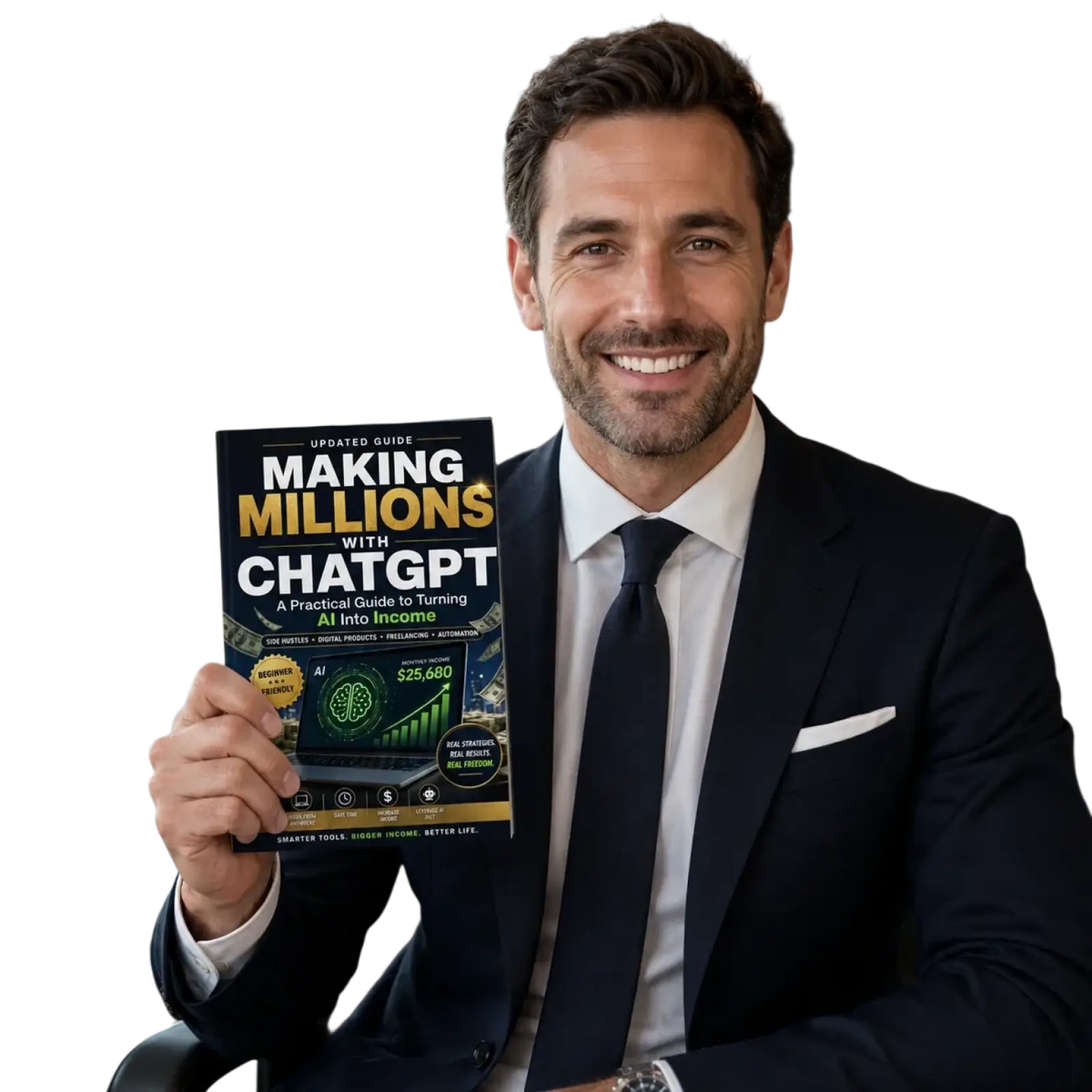 Black and gold book titled making millions with chatgpt featuring a green brain for ai monetization guide