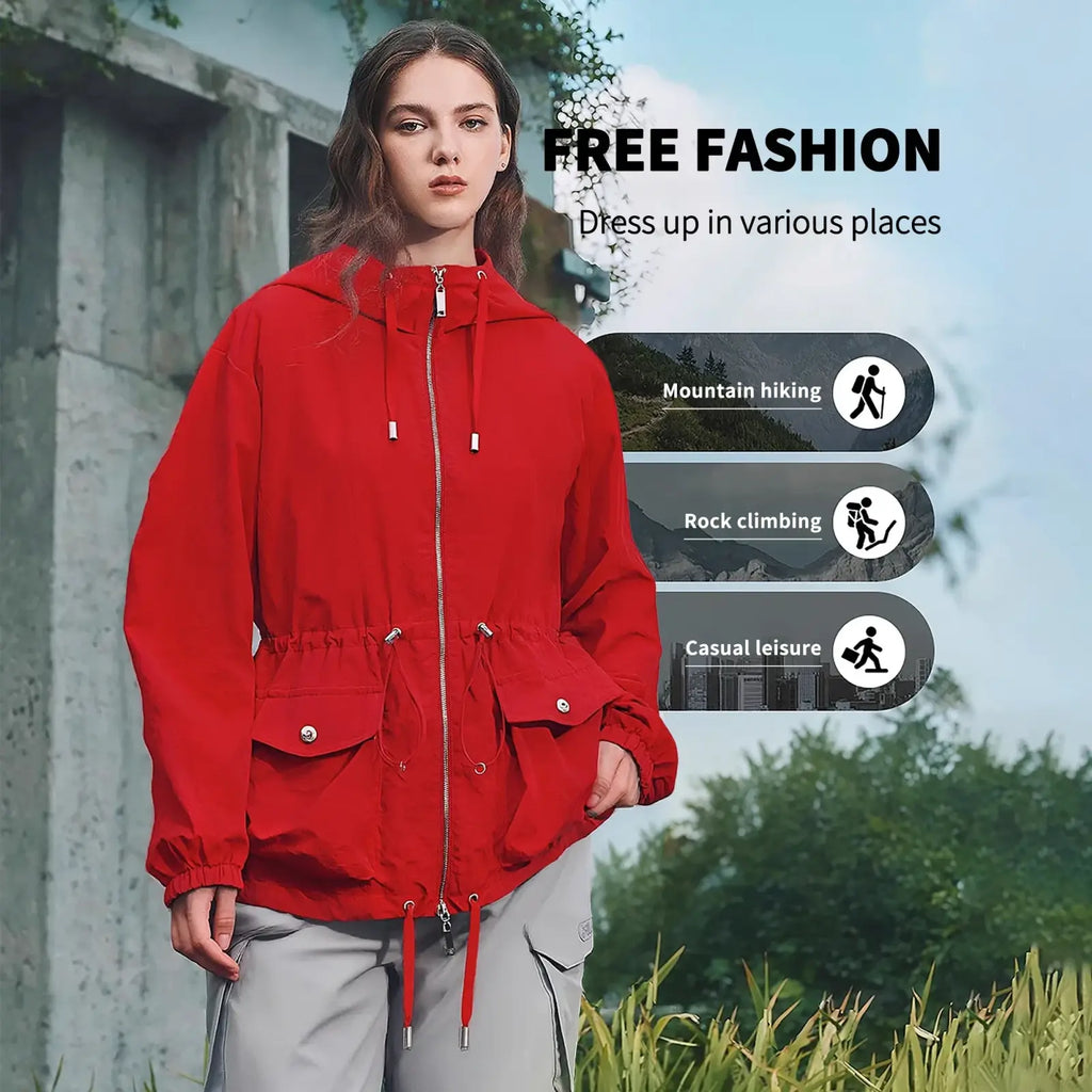 Chch red women windbreaker jacket with full-length zipper, drawstring hood, elastic cuffs, lightweight and breathable