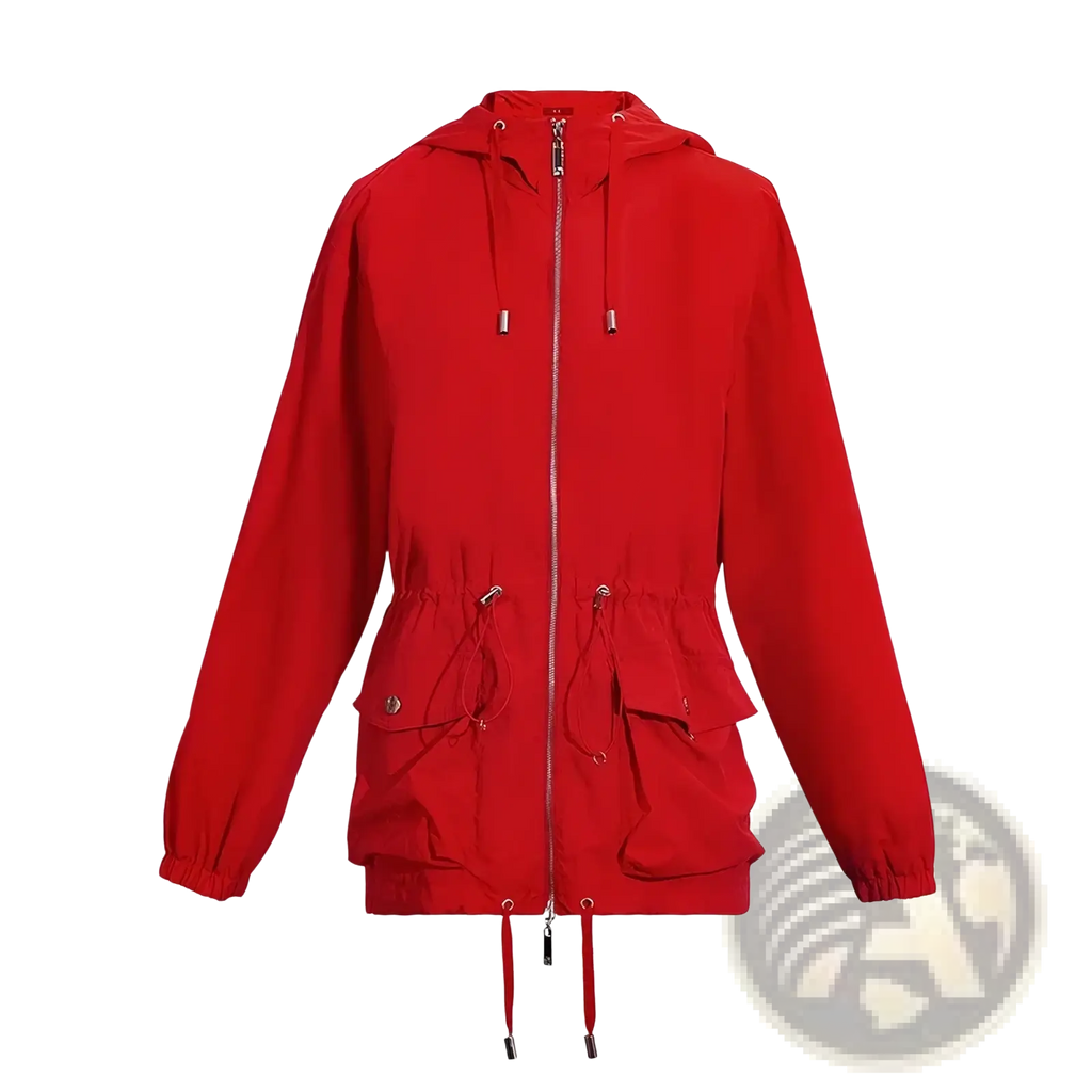 Chch red women windbreaker jacket lightweight with vibrant red hood, full-length zipper, drawstring cuffs, waistband, and pockets