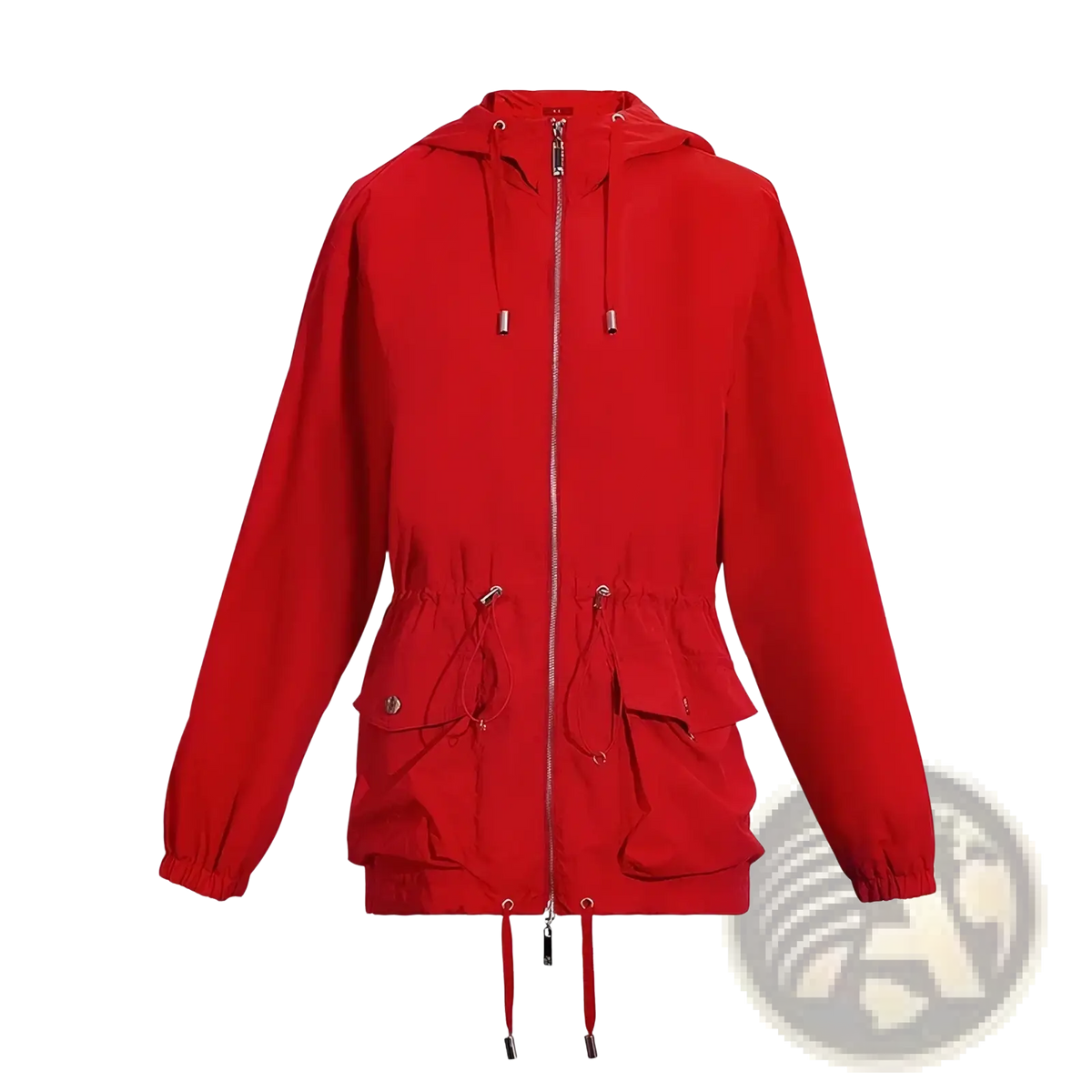 Chch red women windbreaker jacket lightweight with vibrant red hood, full-length zipper, drawstring cuffs, waistband, and pockets