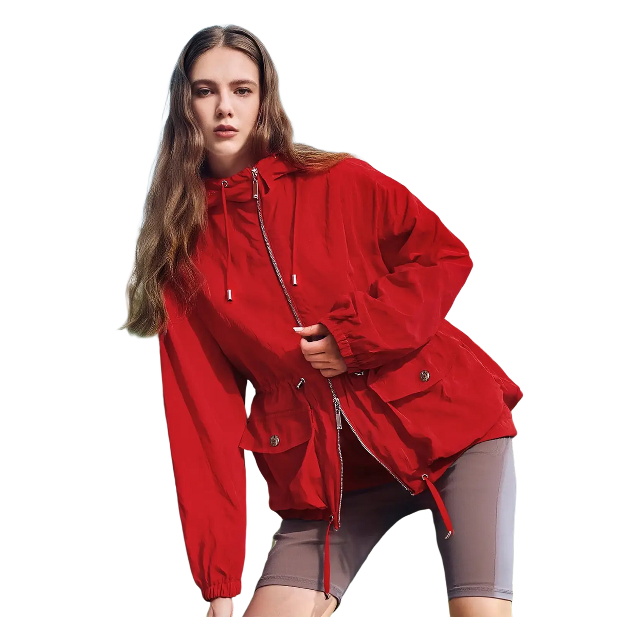 A vibrant red lightweight women windbreaker jacket with a hood front zipper and side pockets for outdoor use