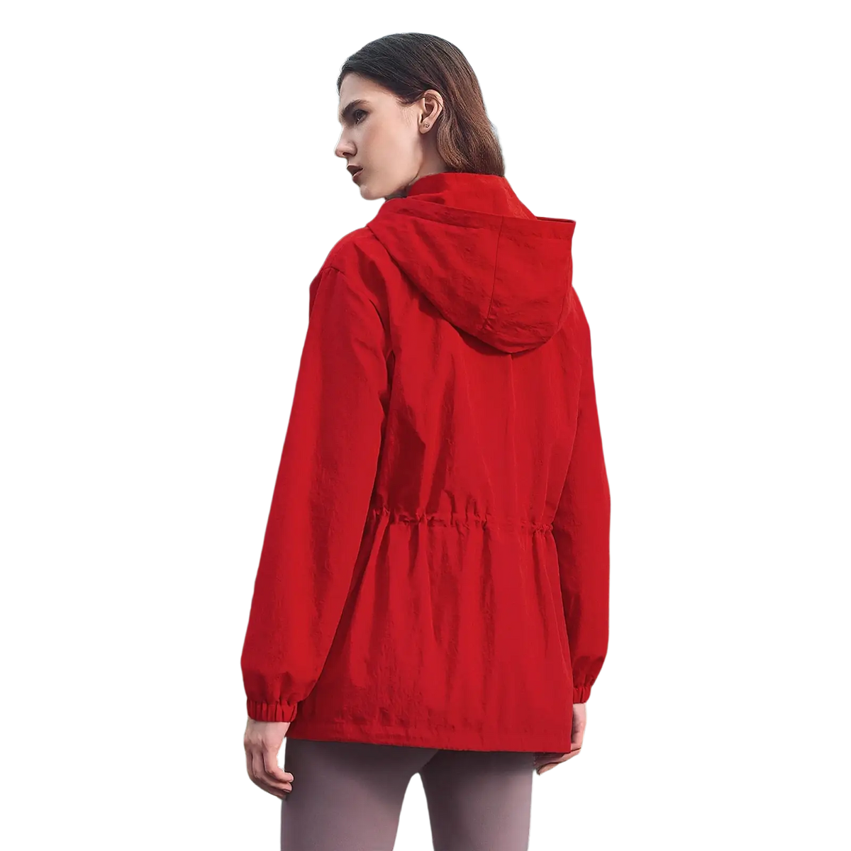 Chch red women windbreaker jacket lightweight vibrant red hooded with drawstring waist and elastic cuffs