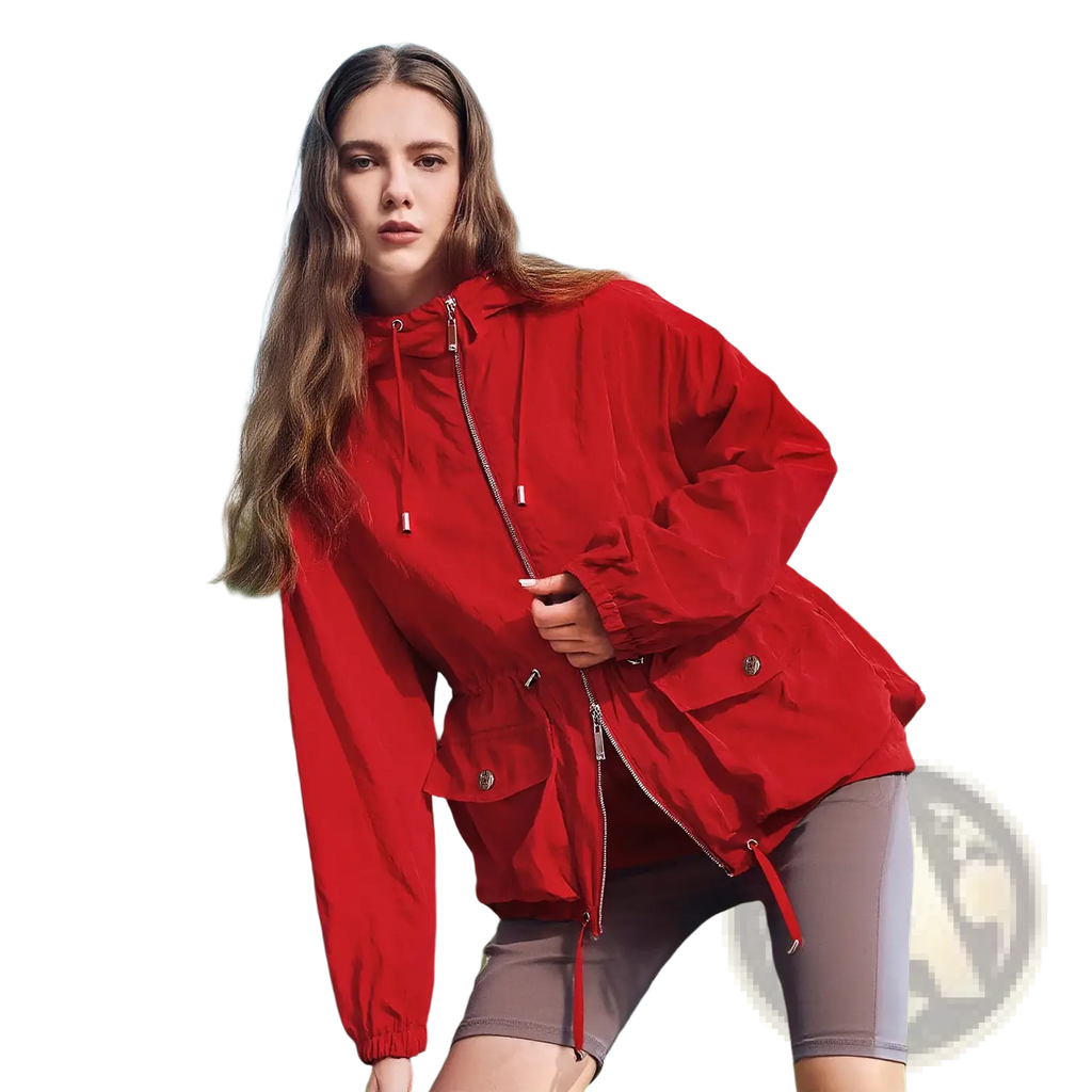 A vibrant red lightweight women windbreaker jacket with a hood front zipper and side pockets for outdoor use