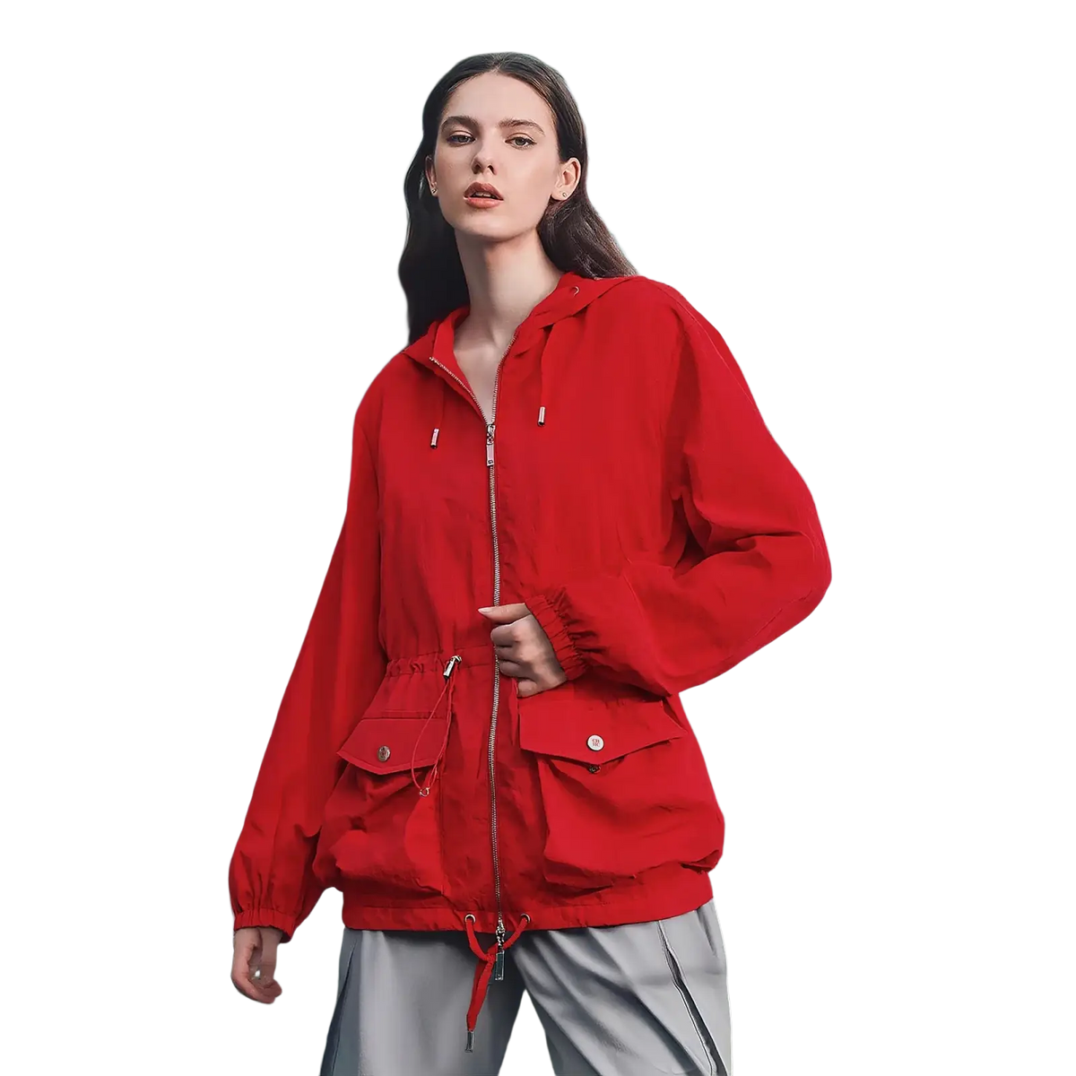 A vibrant red Chch women windbreaker jacket with hood, zipper, front pockets, elastic cuffs, hem, and adjustable drawstrings