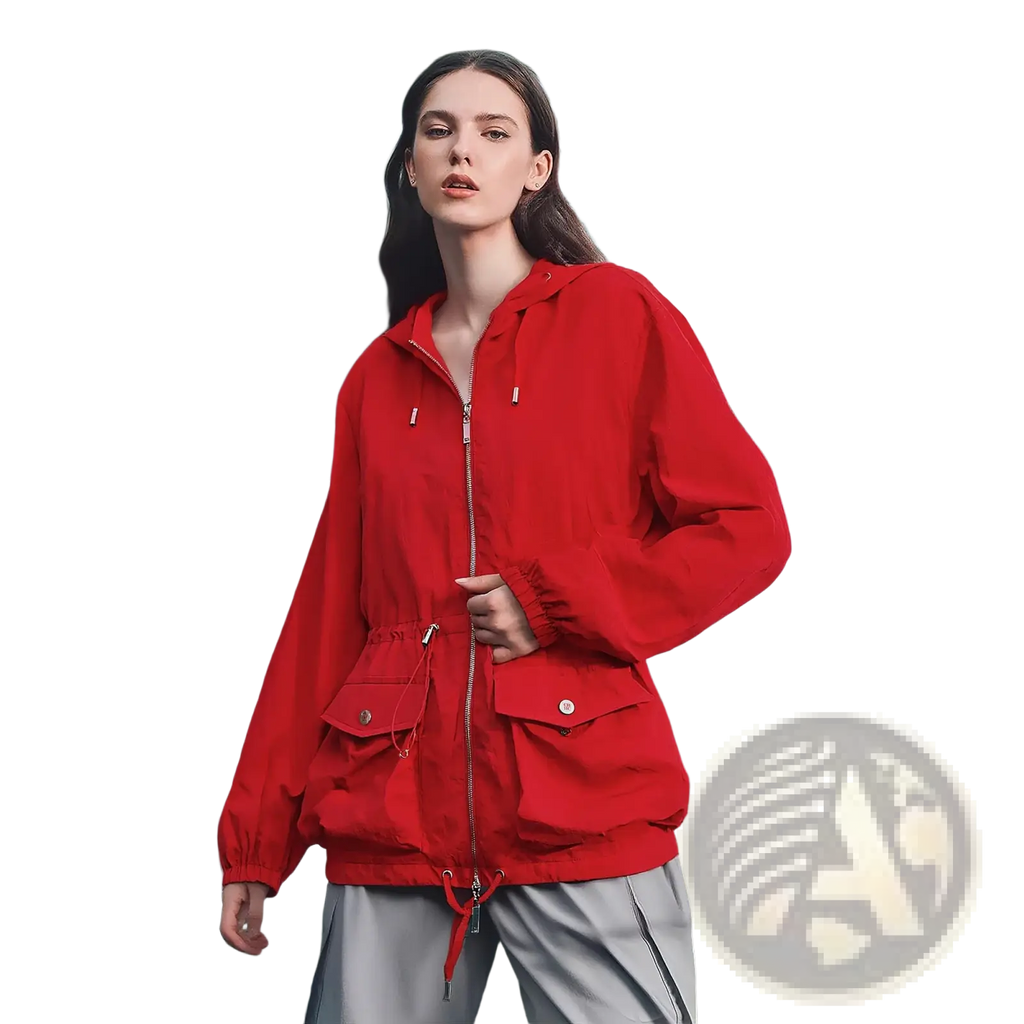 A vibrant red Chch women windbreaker jacket with hood, zipper, front pockets, elastic cuffs, hem, and adjustable drawstrings