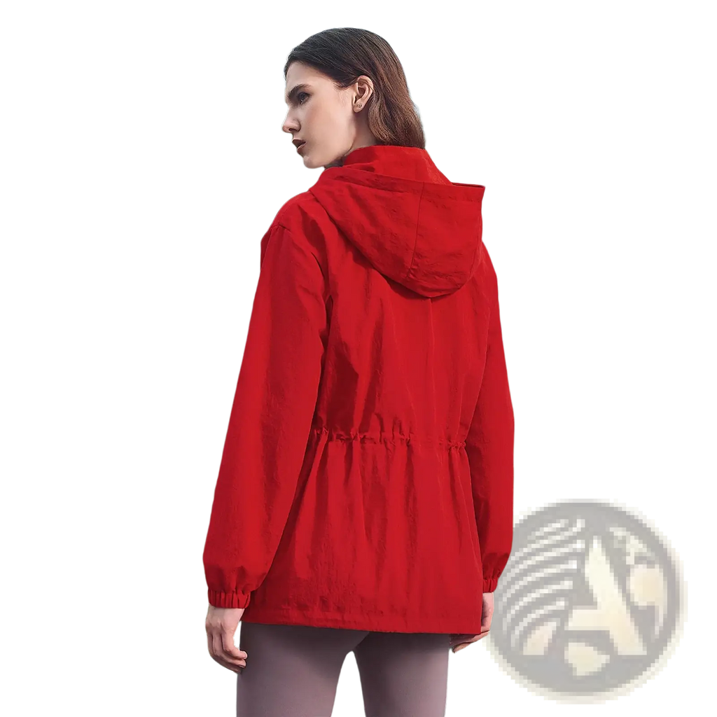 Chch red women windbreaker jacket lightweight vibrant red hooded with drawstring waist and elastic cuffs