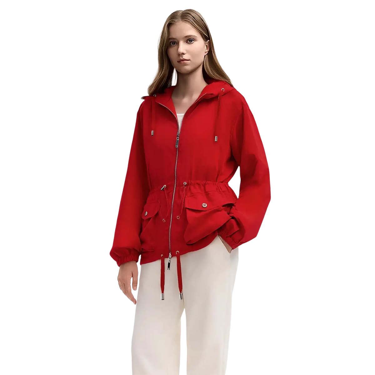 Chch women red lightweight hooded windbreaker jacket with drawstring waist front zipper and buttoned side pockets