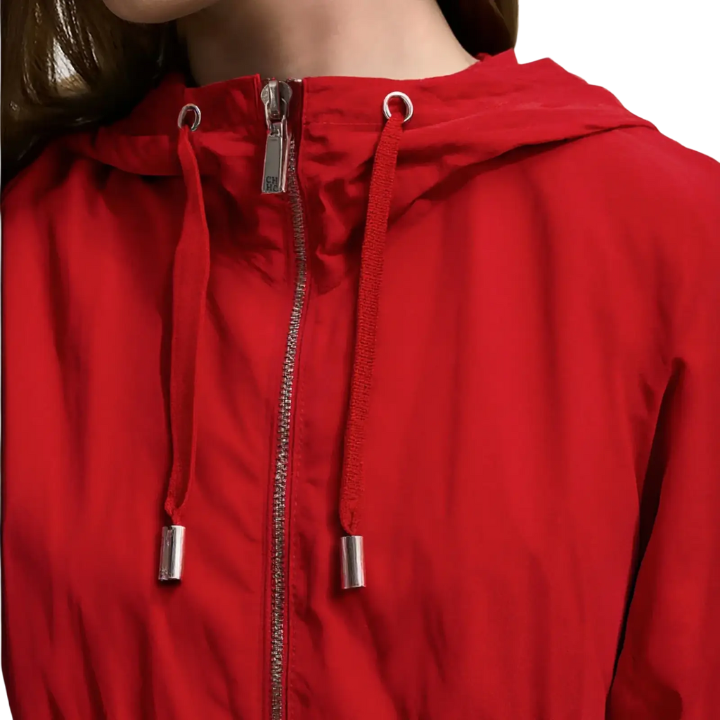 Chch women red lightweight hooded windbreaker jacket with silver zipper and matching drawstrings