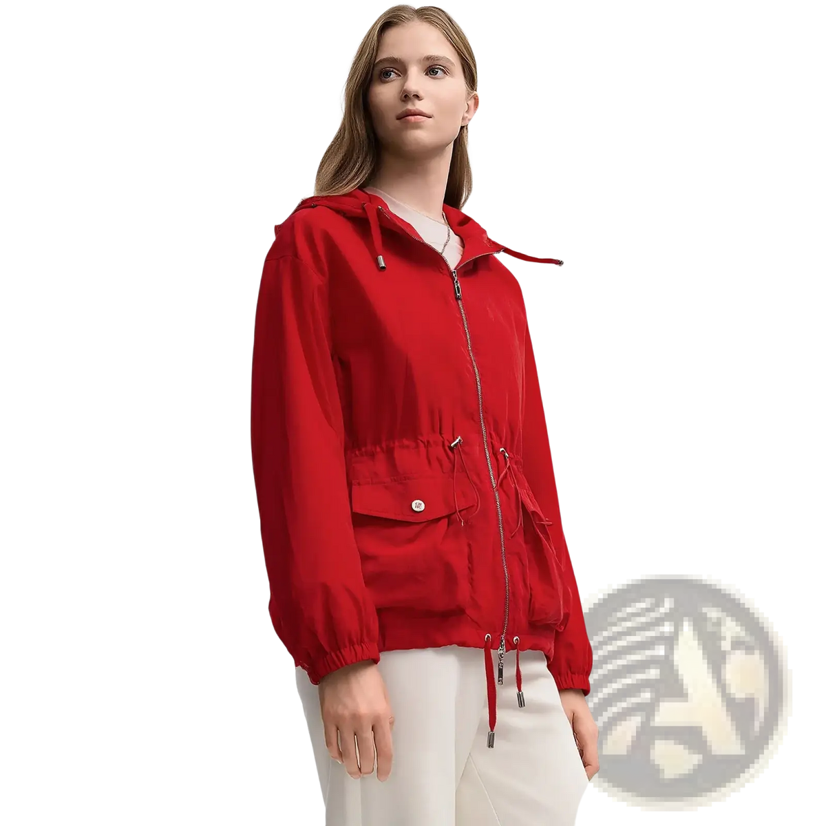 Chch women red lightweight hooded windbreaker jacket with front zipper and drawstring cuffs made of breathable material