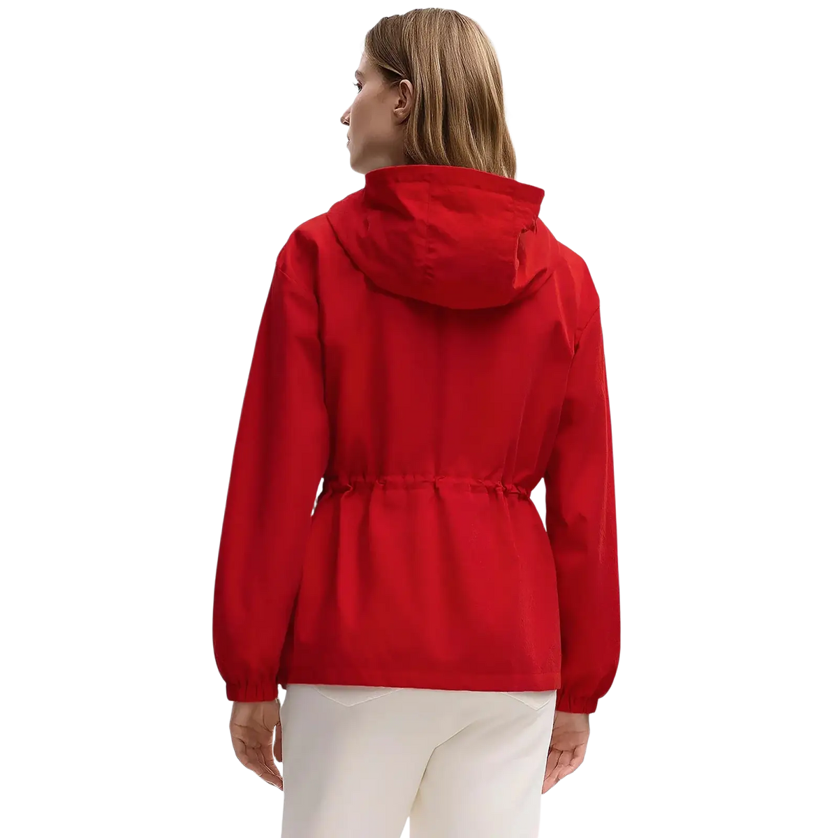 A vibrant red lightweight hooded windbreaker jacket for women with a cinched waist and long sleeves by Chch