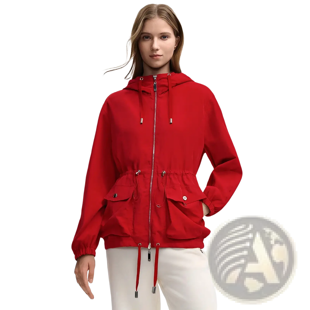 Chch women red lightweight hooded windbreaker jacket with full-length zipper and drawstring cuffs made of breathable fabric