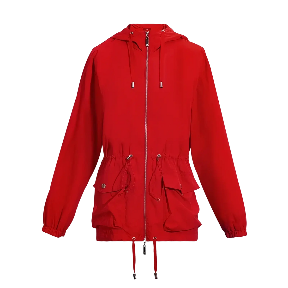 Chch women red lightweight hooded windbreaker jacket with full-length zipper drawstring cuffs waistband and pockets