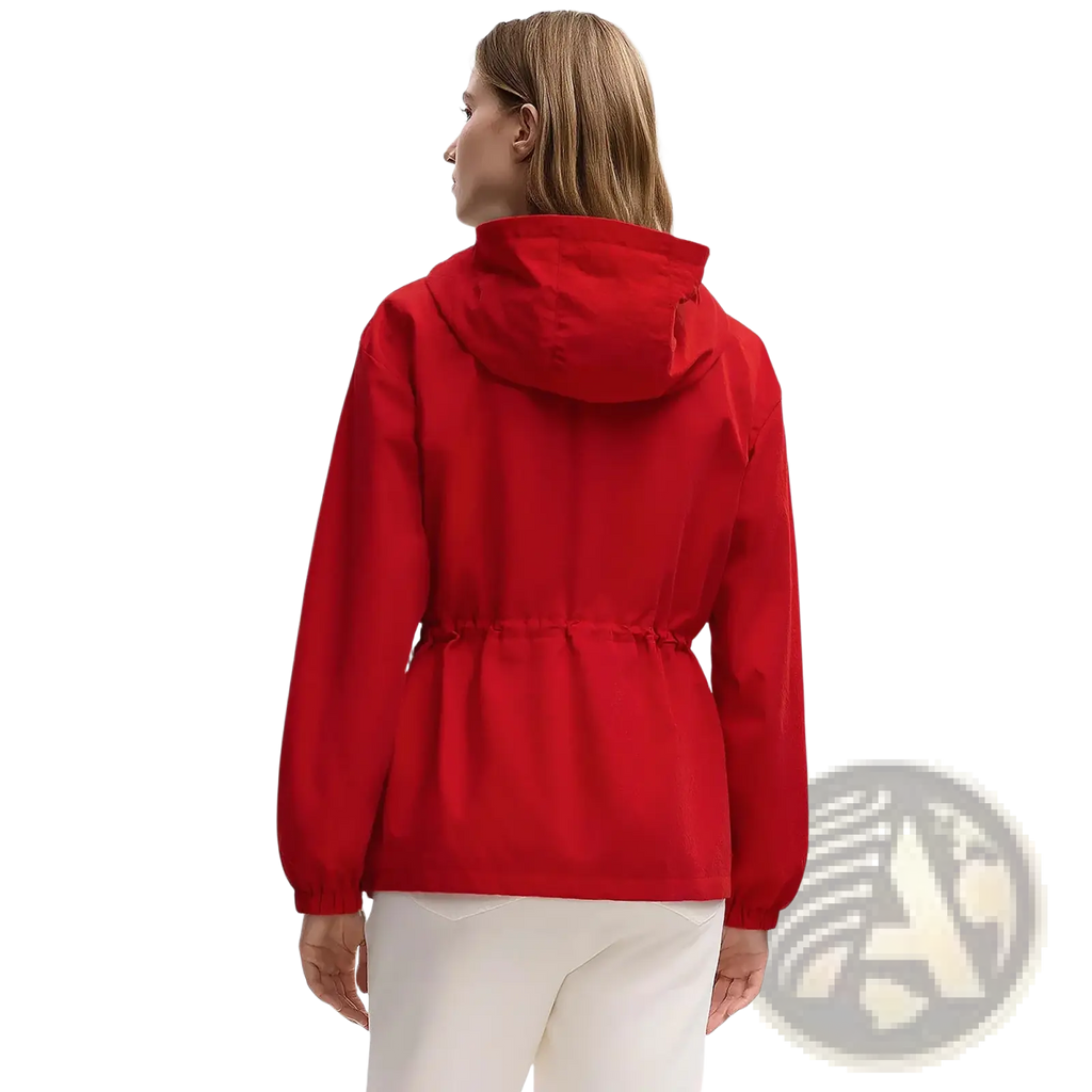 A vibrant red lightweight hooded windbreaker jacket for women with a cinched waist and long sleeves by Chch