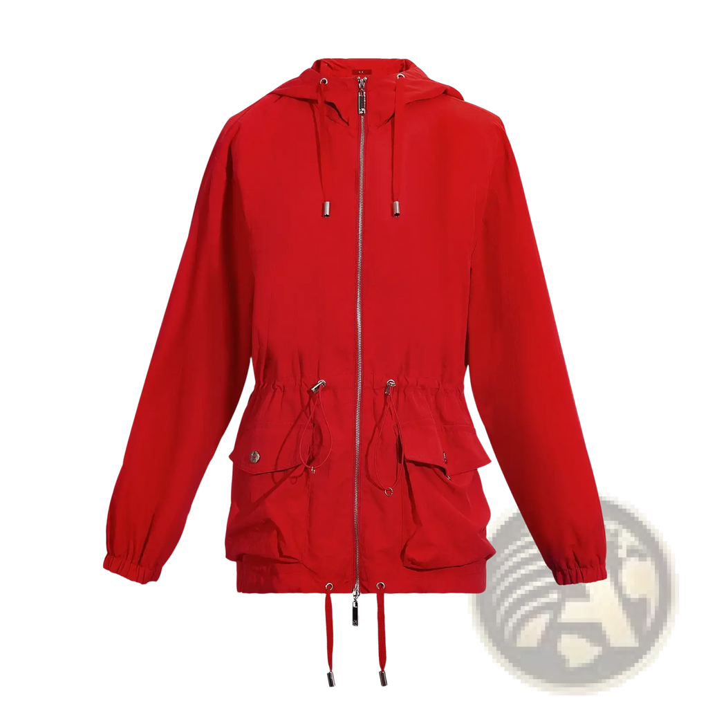 Chch women red lightweight hooded windbreaker jacket with full-length zipper elastic cuffs waistband and front pockets