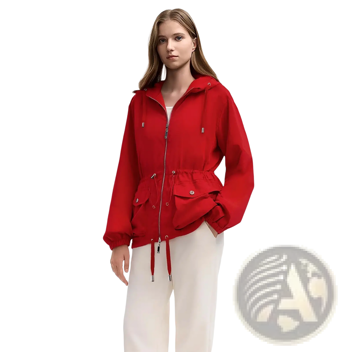 Chch women red lightweight hooded windbreaker jacket with drawstring waist front zipper and buttoned side pockets
