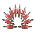 Clear plastic check valves with vibrant orange components arranged in a circular pattern for aquarium air pump use