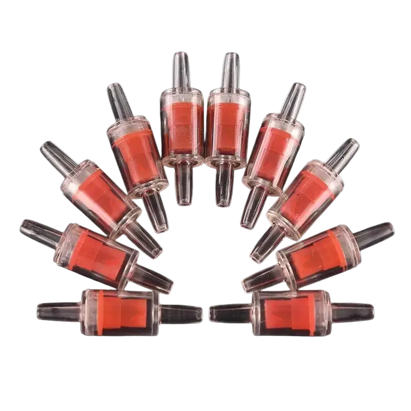 Clear plastic check valves with vibrant orange components arranged in a circular pattern for aquarium air pump use