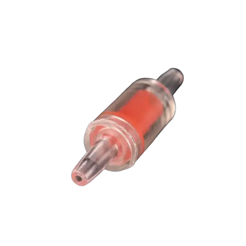 Clear plastic one way check valve with red internal component for aquarium air pump use in transparent body