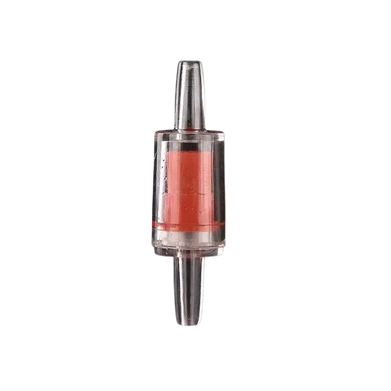 Check valve for aquarium air pump made of clear plastic with metallic silver ends and an orange internal component