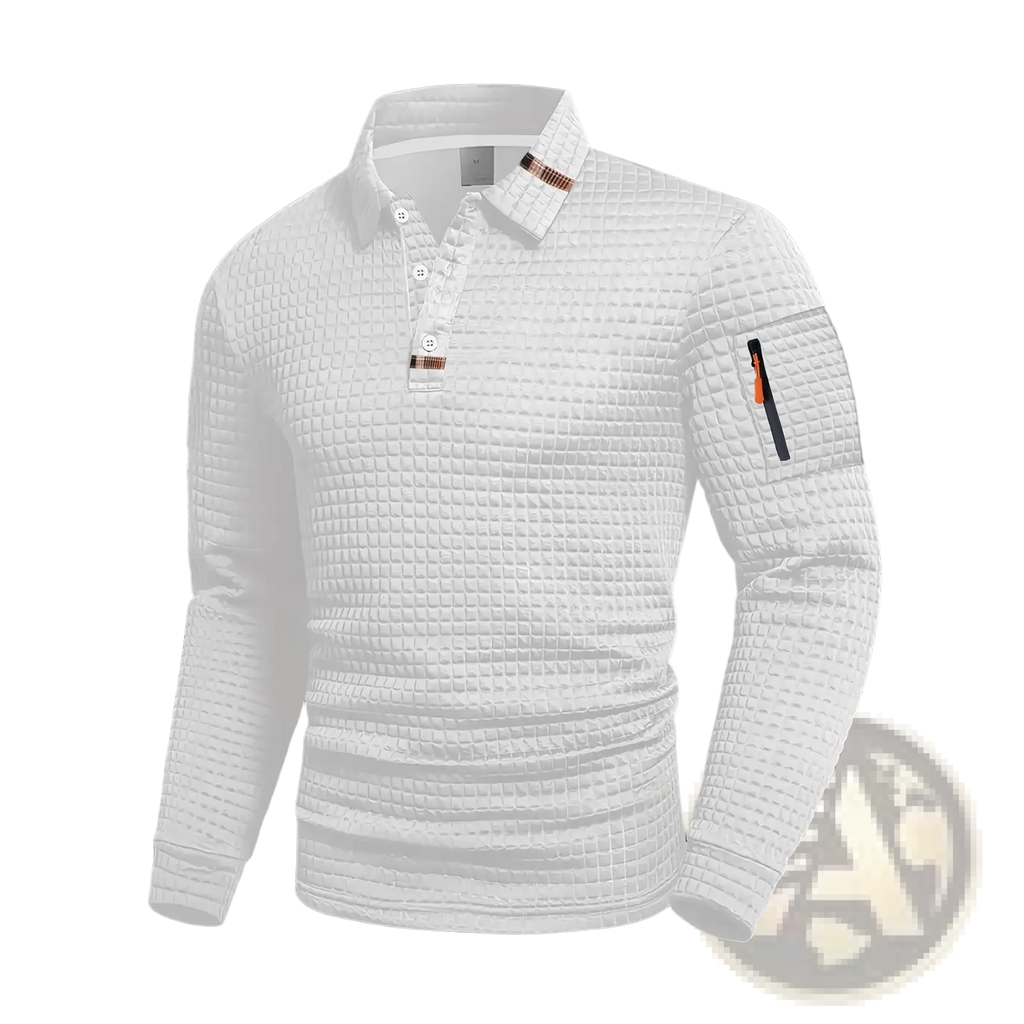 White long-sleeved checkerboard polo shirt for men with textured waffle knit and orange zipper accents on collar and sleeve