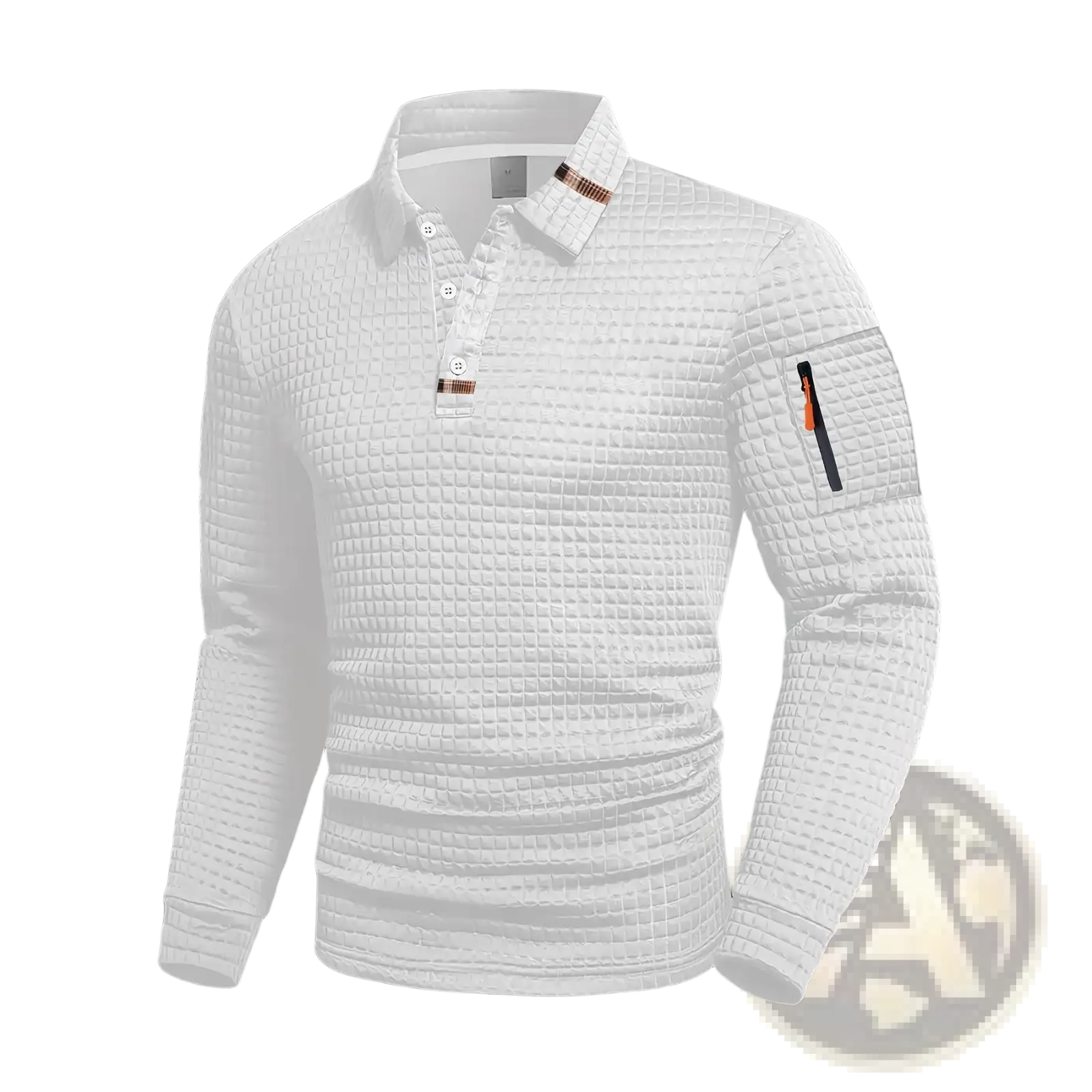 White long-sleeved checkerboard polo shirt for men with textured waffle knit and orange zipper accents on collar and sleeve