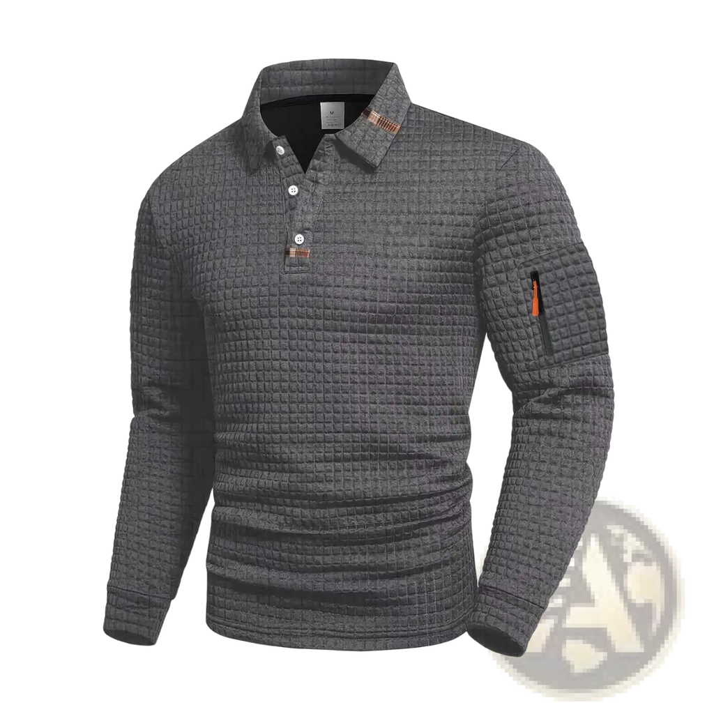 Dark gray textured long sleeve polo shirt for men with subtle orange accents on collar and sleeve pocket