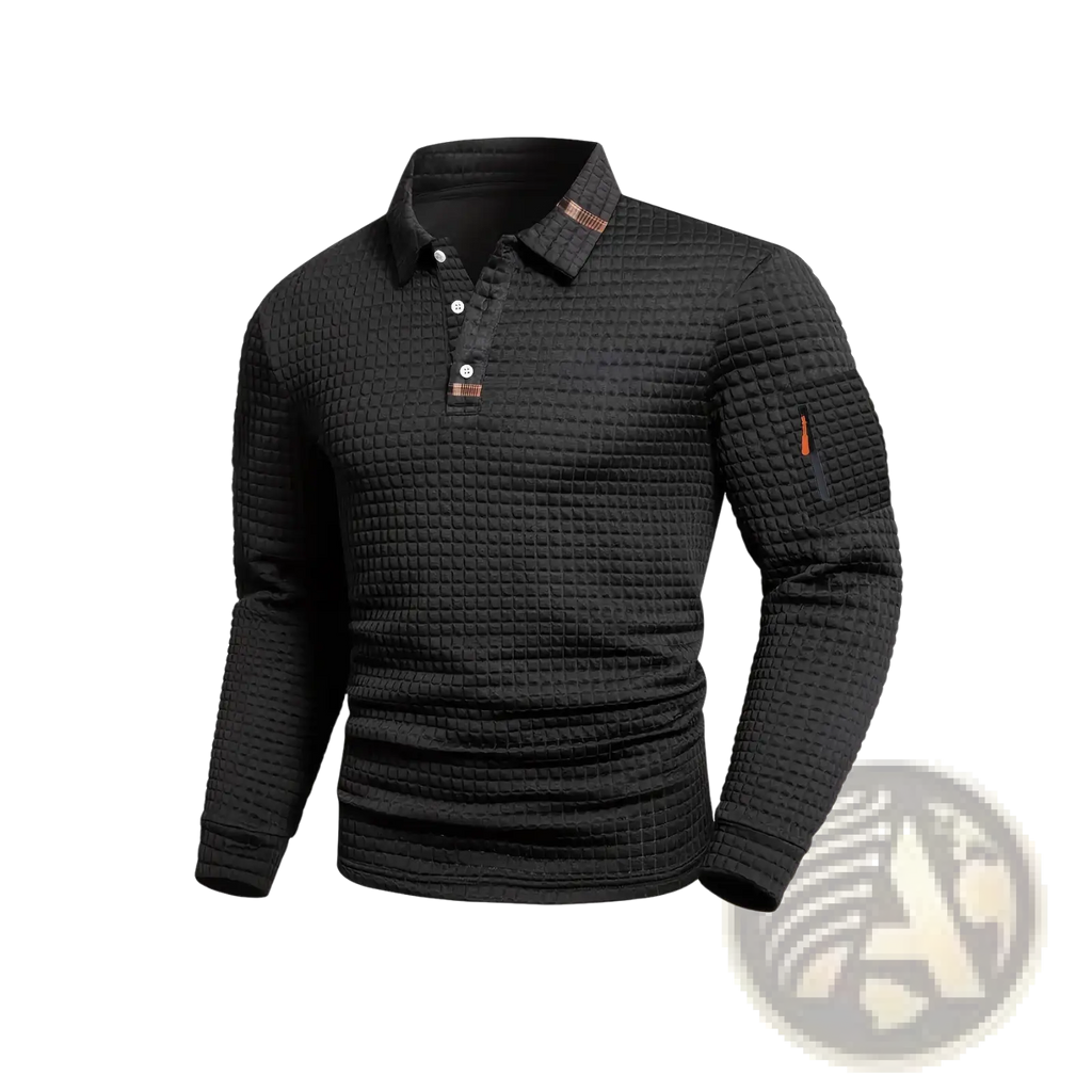 Black quilted long-sleeve polo shirt with subtle grid pattern and contrasting brown placket for athletic casual wear