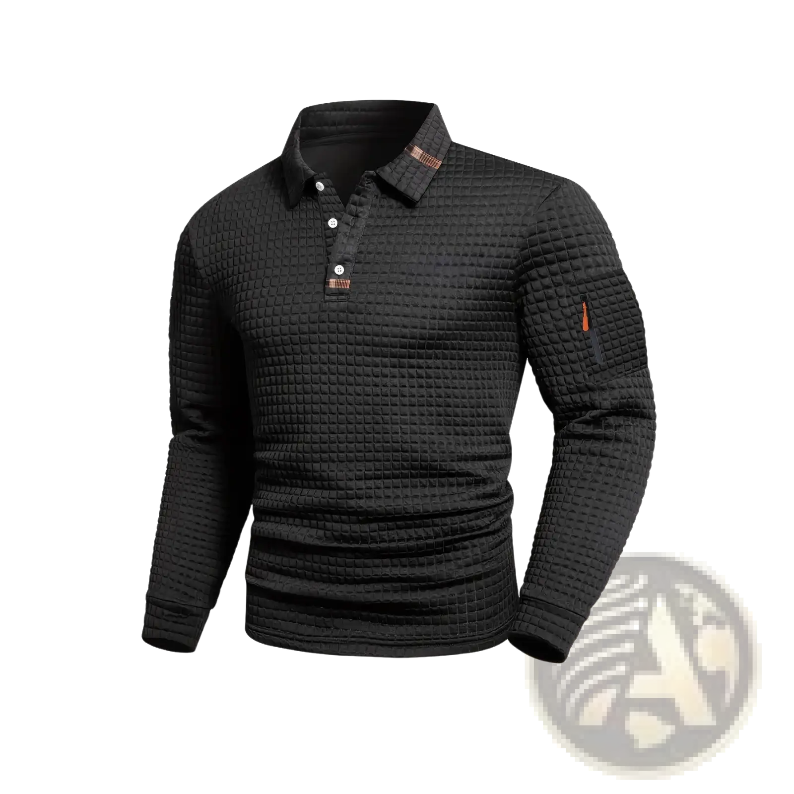Black quilted long-sleeve polo shirt with subtle grid pattern and contrasting brown placket for athletic casual wear