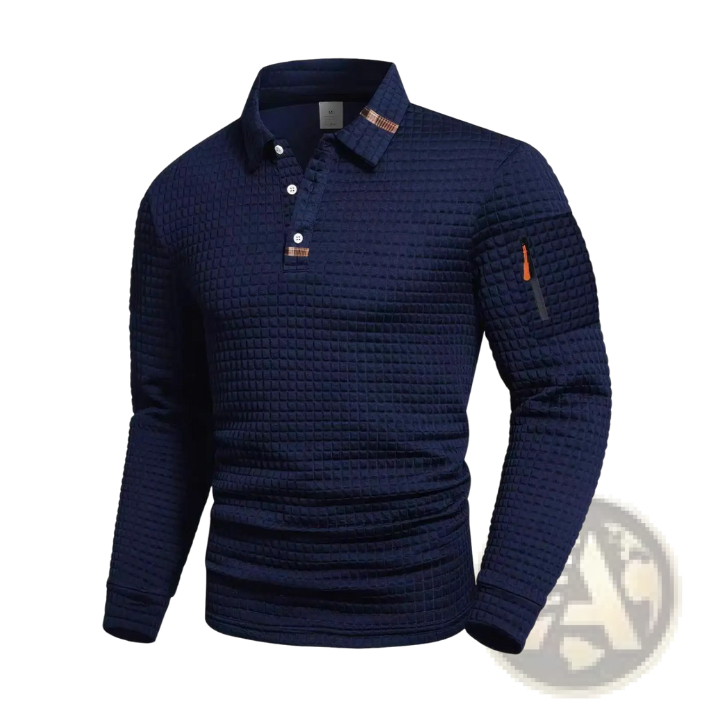 Navy blue long-sleeved polo shirt with textured quilted pattern and orange-accented placket for casual athletic wear