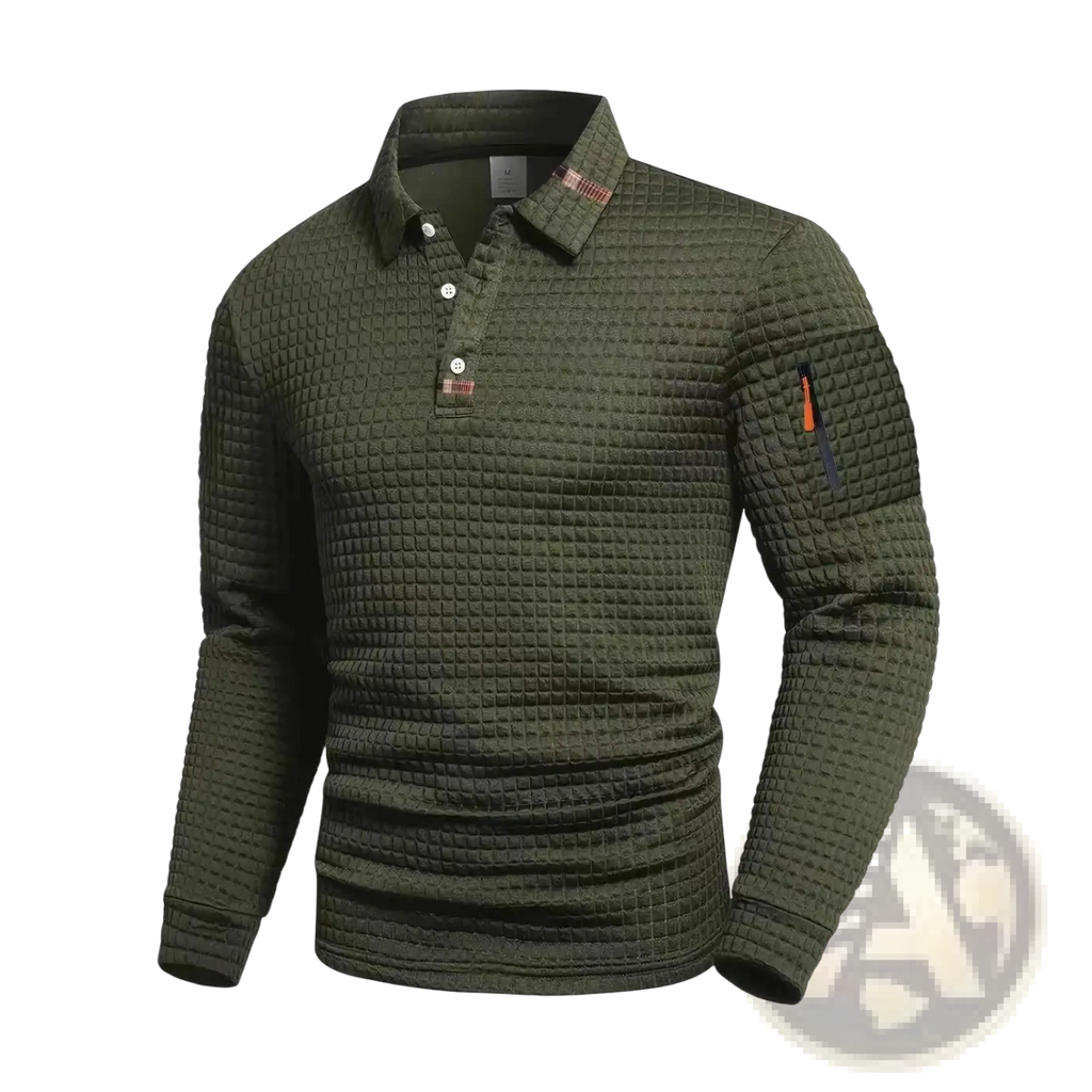 Olive green long-sleeved checkerboard polo shirt with quilted texture and subtle orange accents for casual athletic wear