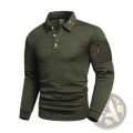Olive green long-sleeved checkerboard polo shirt with quilted texture and subtle orange accents for casual athletic wear