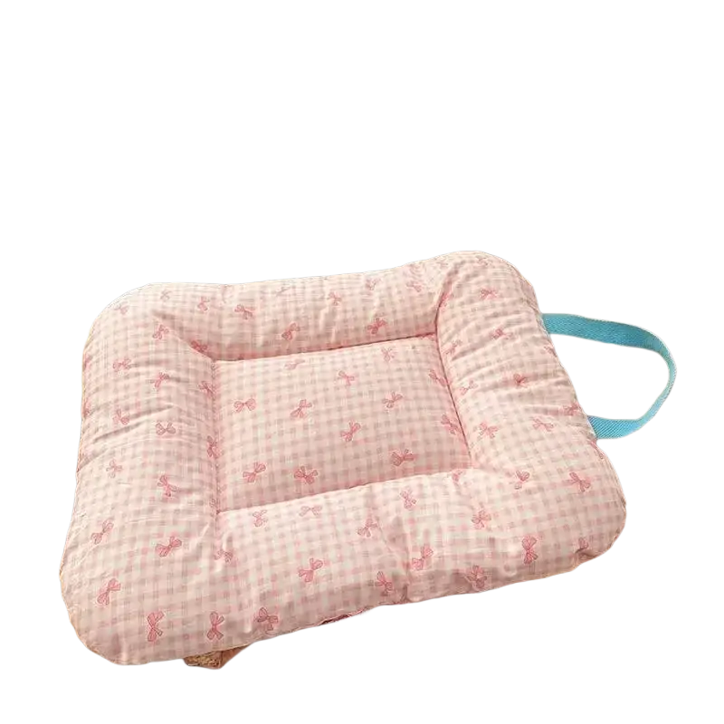Pink checkered bow pet bed cotton mattress cushion with soft quilted design and small bow patterns