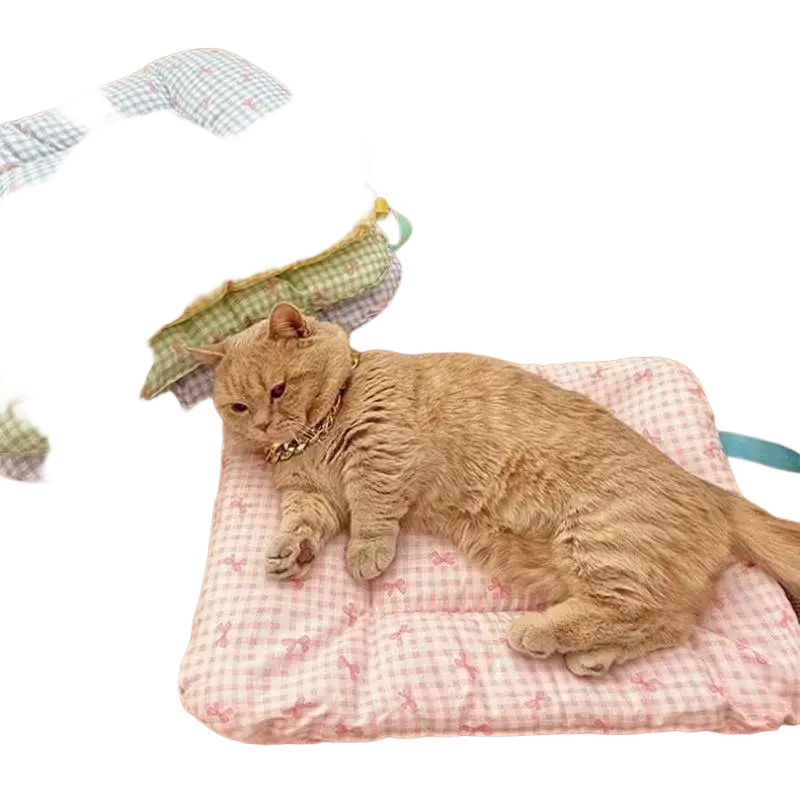 Pink and white gingham checkered bow pet bed cotton mattress with small pink bow patterns for cats